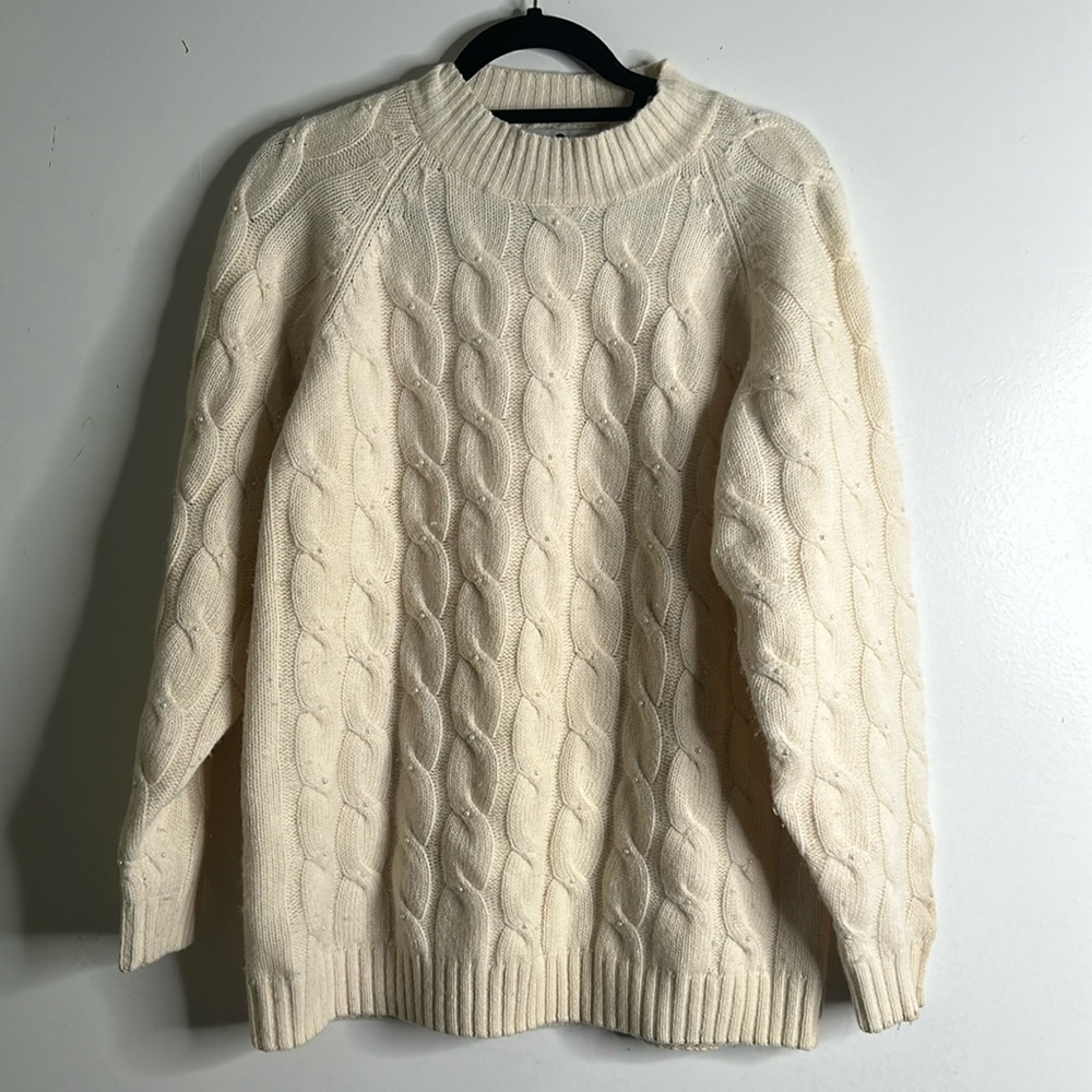 SAKS FIFTH AVENUE ivory lamb wool angora rabbit hair cable knit sweater size M